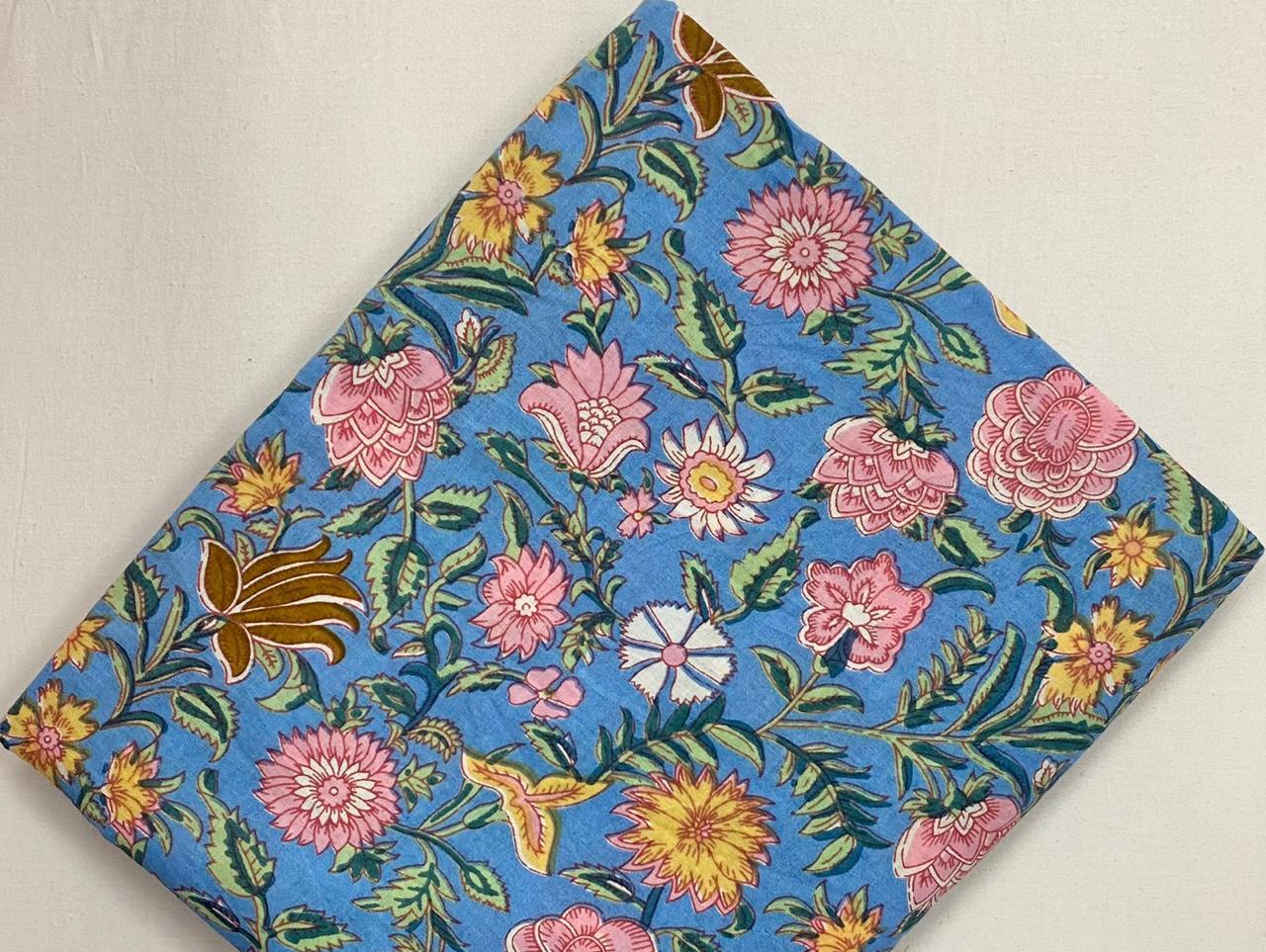 Blue Floral Cotton Fabric by Yard, Pink Yellow Flower Print Fabric, Block Print Cotton Fabric, Quilting Sewing Craft Dressmaking