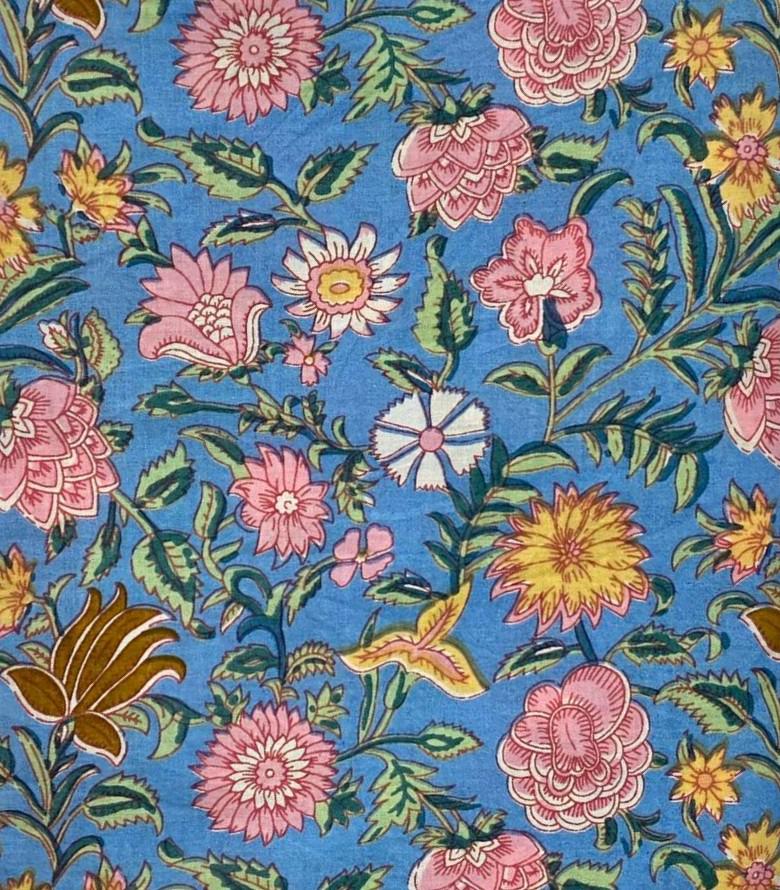 Blue Floral Cotton Fabric by Yard, Pink Yellow Flower Print Fabric, Block Print Cotton Fabric, Quilting Sewing Craft Dressmaking