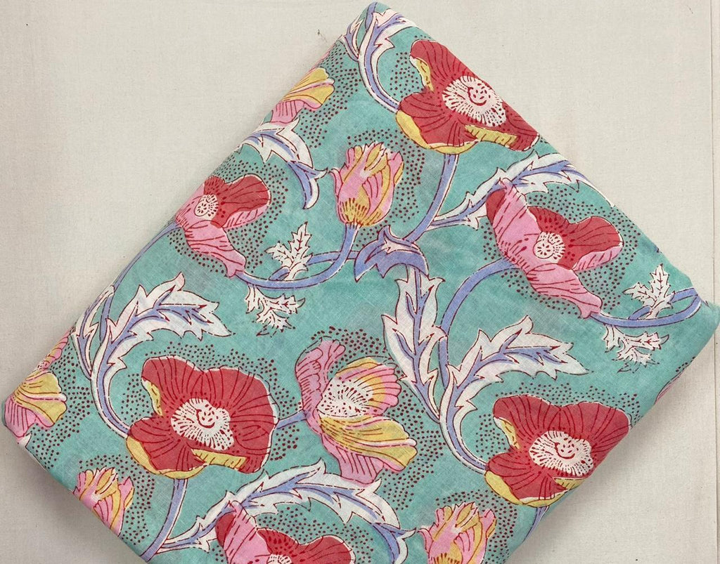 Teal Floral Cotton Fabric by Yard, Red Pink Flower Print Fabric, Indian Block Print Cotton, Boho Dressmaking Quilting, Loose Running Fabric