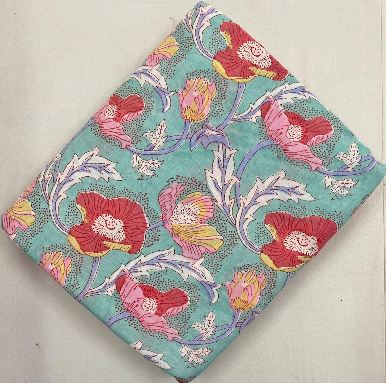 Teal Floral Cotton Fabric by Yard, Red Pink Flower Print Fabric, Indian Block Print Cotton, Boho Dressmaking Quilting, Loose Running Fabric