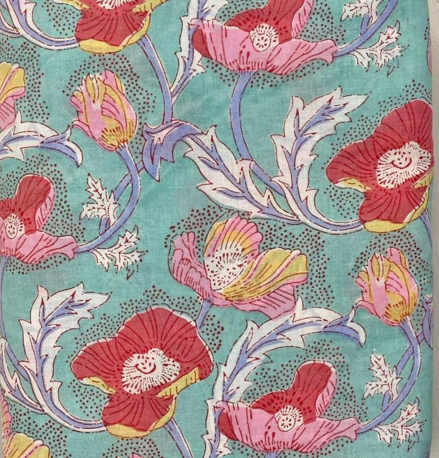 Teal Floral Cotton Fabric by Yard, Red Pink Flower Print Fabric, Indian Block Print Cotton, Boho Dressmaking Quilting, Loose Running Fabric