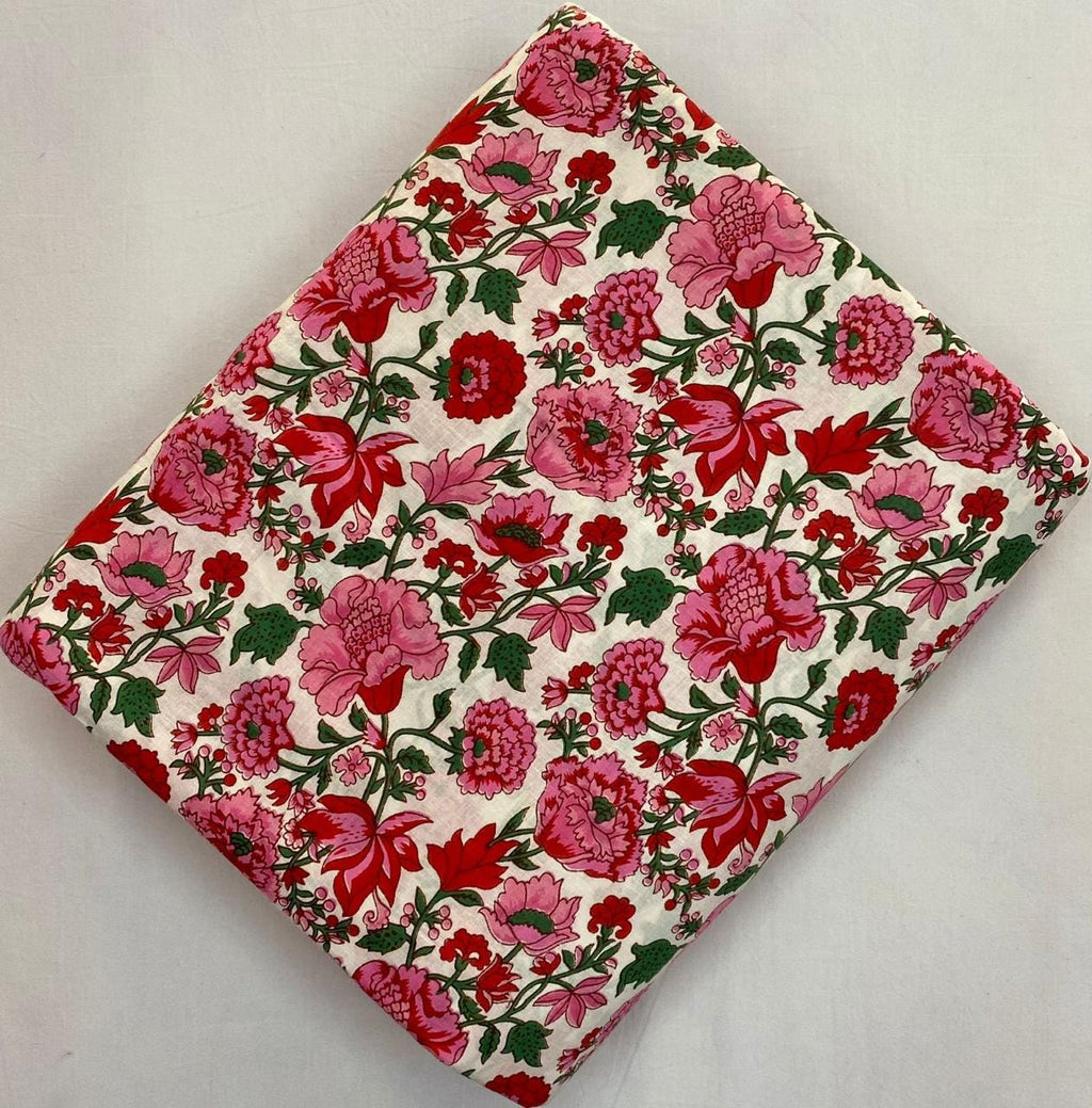 Red Pink Floral Cotton Fabric by Yard, Vintage Flower Print on Cream Base, Indian Block Print Cotton, Quilting Dressmaking Craft Fabric
