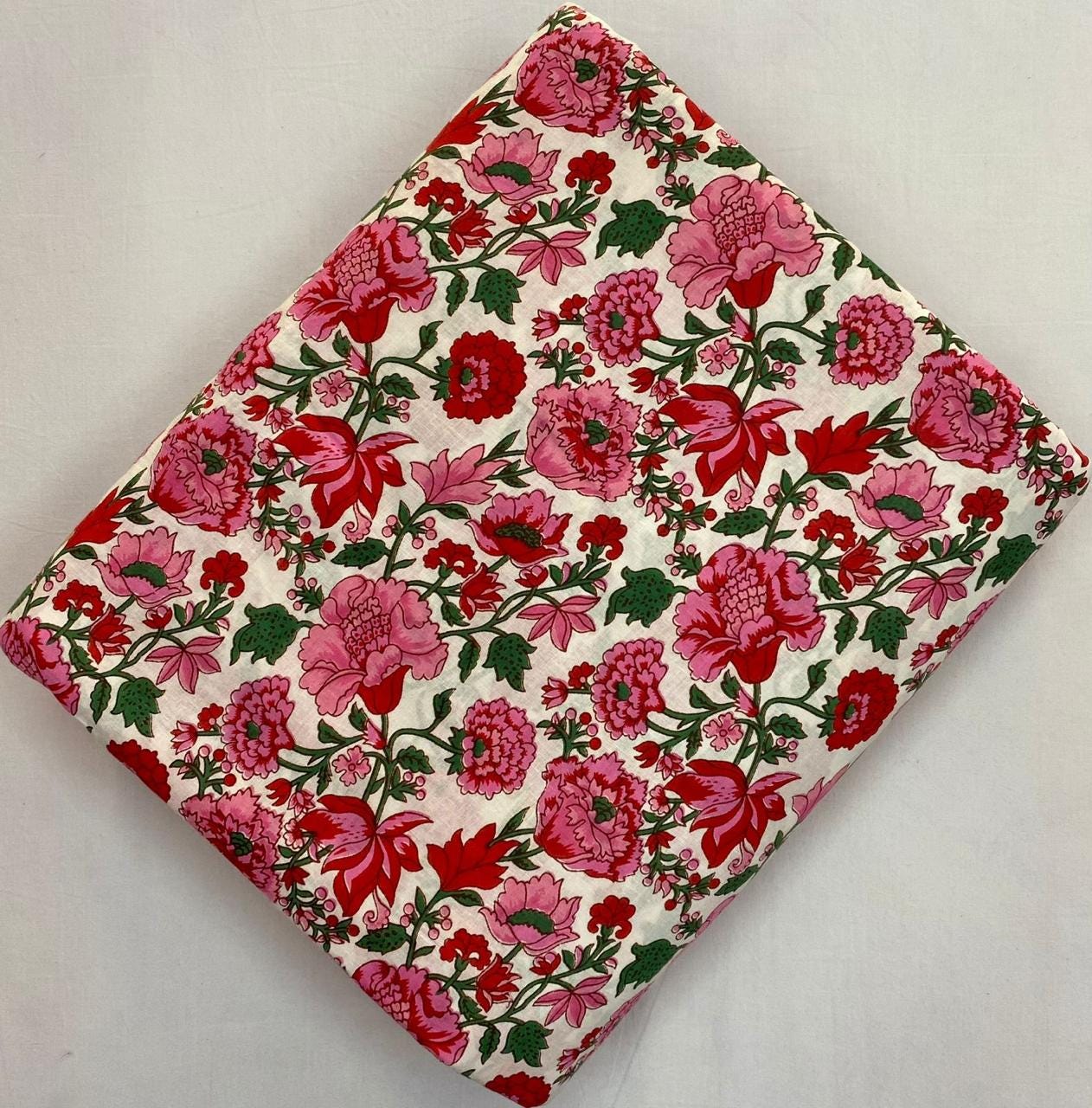 Red Pink Floral Cotton Fabric by Yard, Vintage Flower Print on Cream Base, Indian Block Print Cotton, Quilting Dressmaking Craft Fabric