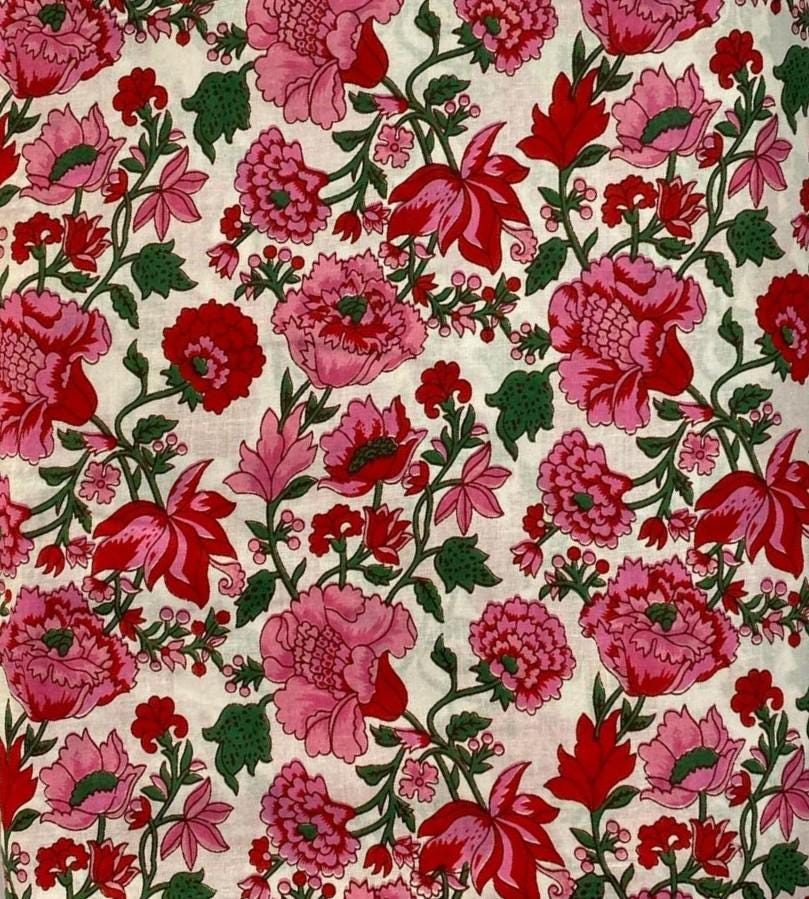Red Pink Floral Cotton Fabric by Yard, Vintage Flower Print on Cream Base, Indian Block Print Cotton, Quilting Dressmaking Craft Fabric