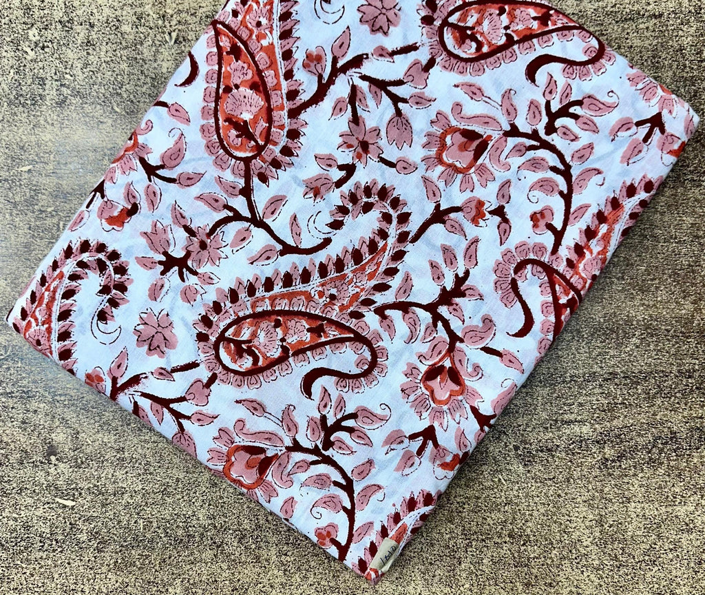 Hand Block Print Cotton Fabric, Red Pink Paisley Floral Fabric, Soft Indian Cotton Material by Yard, Boho Dress Craft Quilting Sewing Fabric