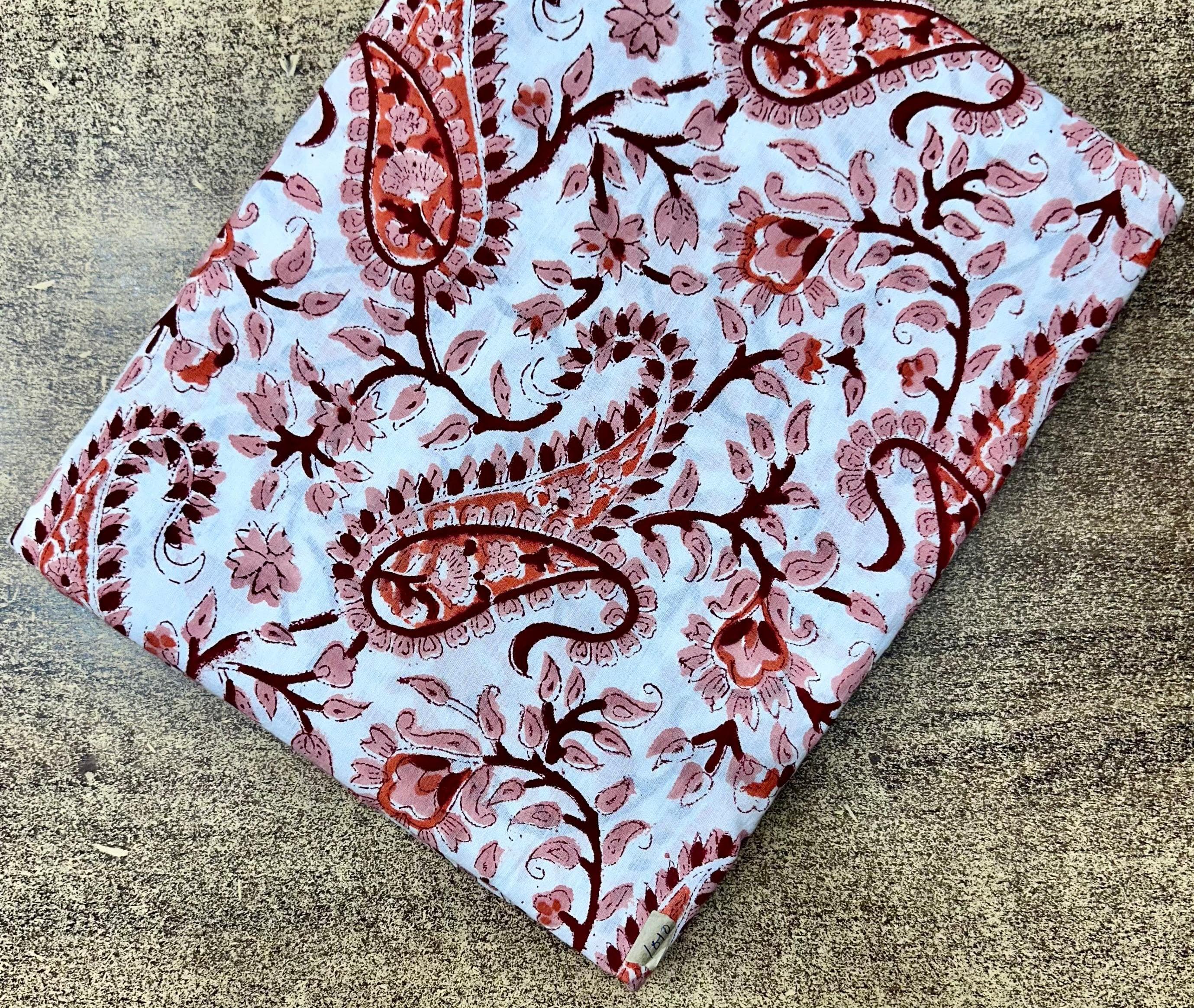 Hand Block Print Cotton Fabric, Red Pink Paisley Floral Fabric, Soft Indian Cotton Material by Yard, Boho Dress Craft Quilting Sewing Fabric