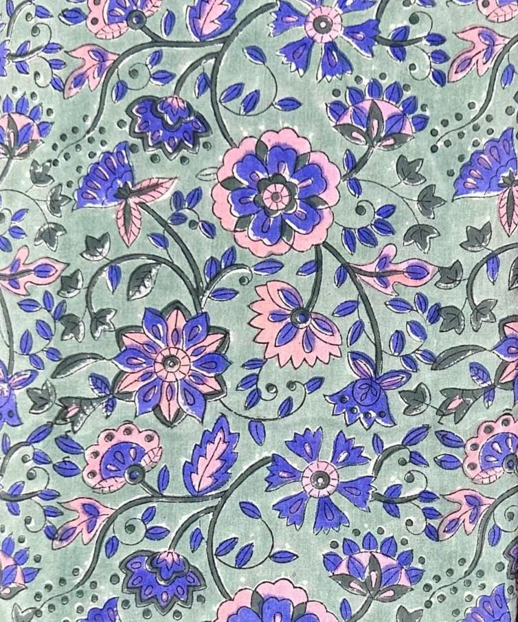 Green Floral Cotton Fabric by Yard, Blue Pink Flower Print Material, Soft Indian Block Print Cotton for Dress, Quilting, Craft Sewing Fabric