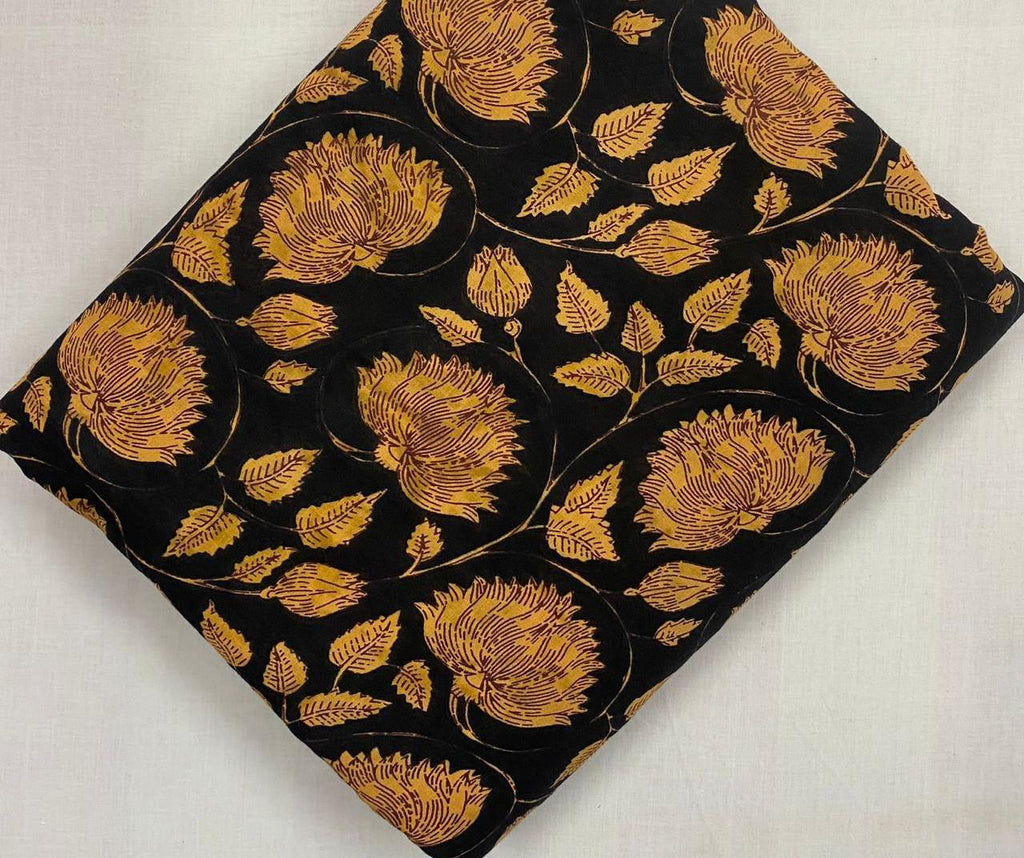 Black Mustard Floral Hand Block Print Cotton Fabric, Indian Buta Print Fabric by Yard, Soft Sewing Quilting Dressmaking Home Decor Material