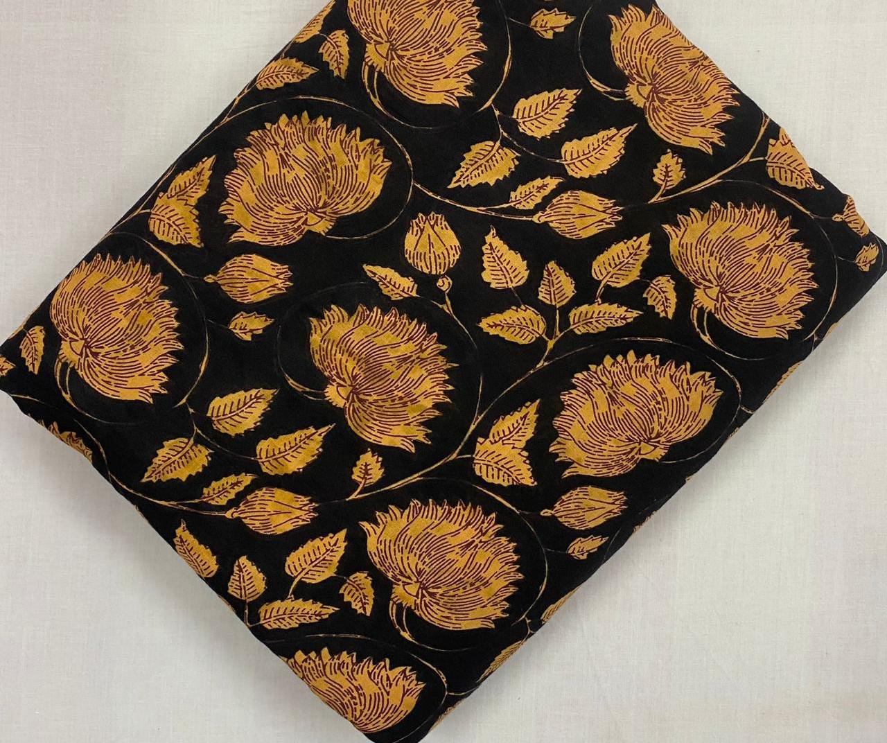 Black Mustard Floral Hand Block Print Cotton Fabric, Indian Buta Print Fabric by Yard, Soft Sewing Quilting Dressmaking Home Decor Material