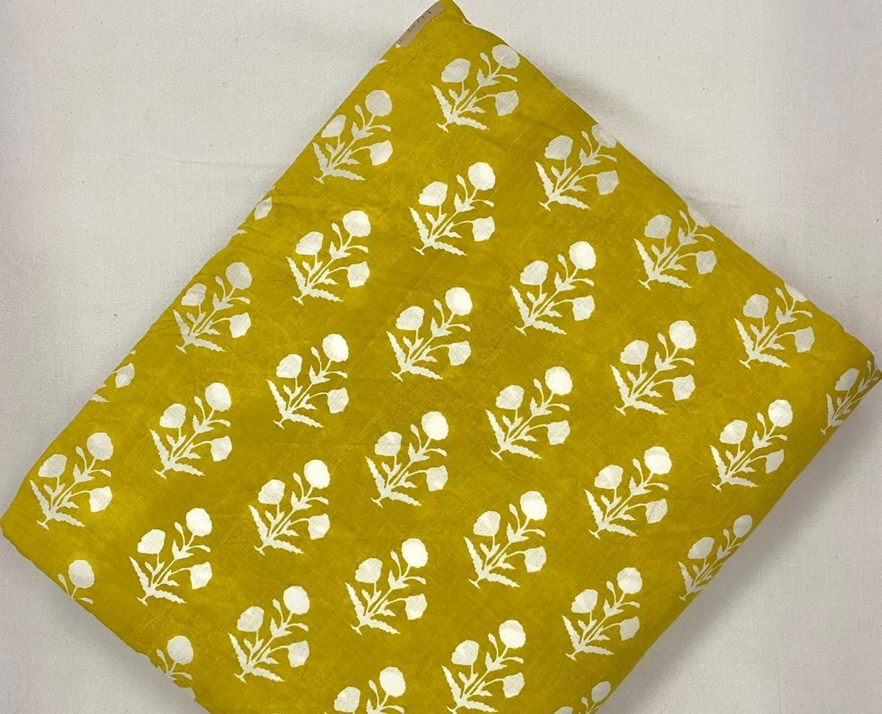Mustard Yellow Floral Cotton Fabric by Yard, Hand Block Print Fabric, Indian Cotton Fabric, Boho Dress Sewing Material & Craft Fabric