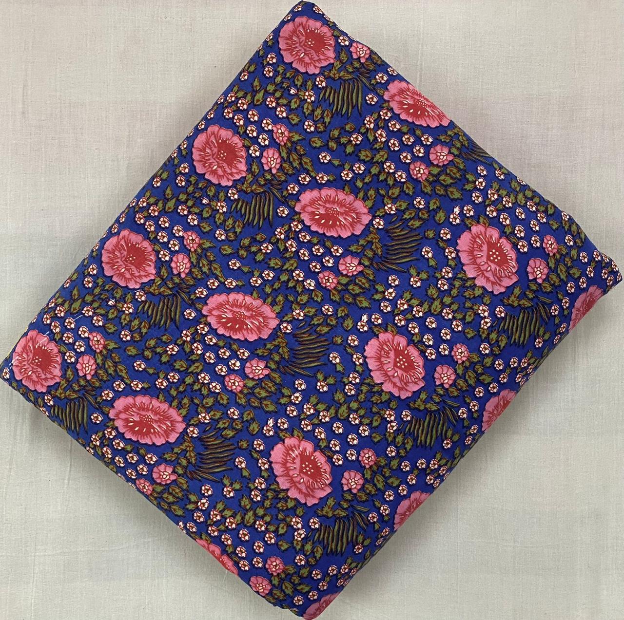 Blue Floral Cotton Fabric by Yard, Pink Flower Print Fabric, Indian Block Print Cotton, Boho Dressmaking Fabric, Quilting Napkins, Runner