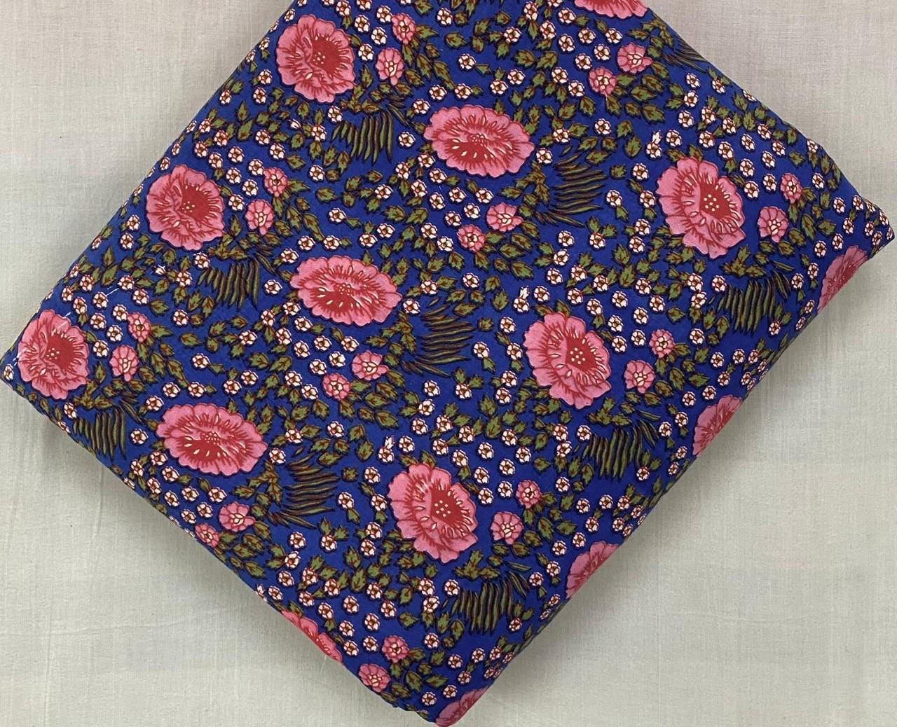 Blue Floral Cotton Fabric by Yard, Pink Flower Print Fabric, Indian Block Print Cotton, Boho Dressmaking Fabric, Quilting Napkins, Runner