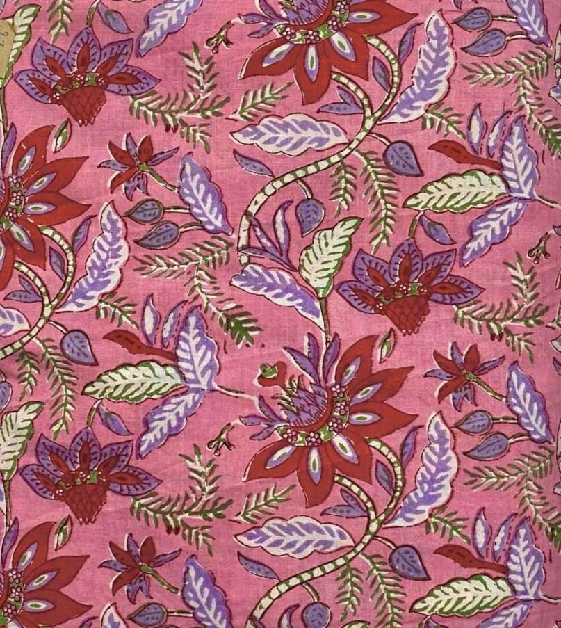 Pink Floral Cotton Fabric by Yard, Indian Block Print Fabric, Boho Flower Print Material, Dressmaking Quilting Fabric, Home Decor Cotton