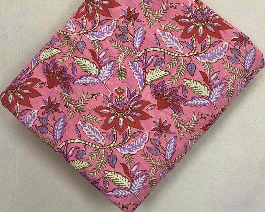 Pink Floral Cotton Fabric by Yard, Indian Block Print Fabric, Boho Flower Print Material, Dressmaking Quilting Fabric, Home Decor Cotton