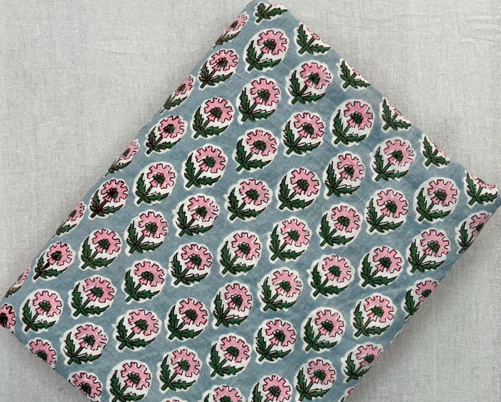Light Blue Floral Cotton Fabric by Yard, Pink Flower Block Print Fabric, Indian Hand Block Cotton, Boho Dressmaking Quilting & Craft Fabric