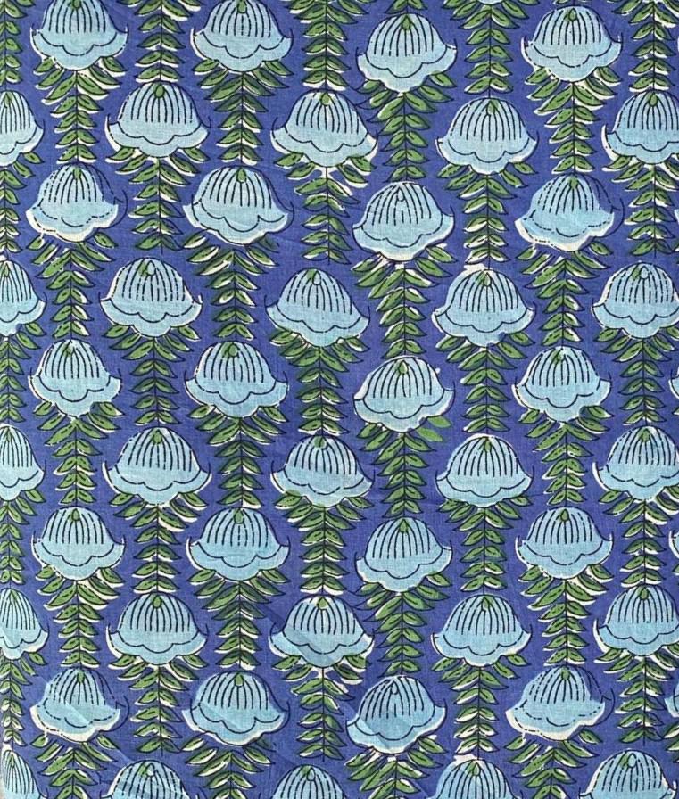 Blue Floral Cotton Fabric by Yard, Indian Block Print Buti Fabric, Hand Printed Cotton Material, Boho Dressmaking Quilting Craft Fabric
