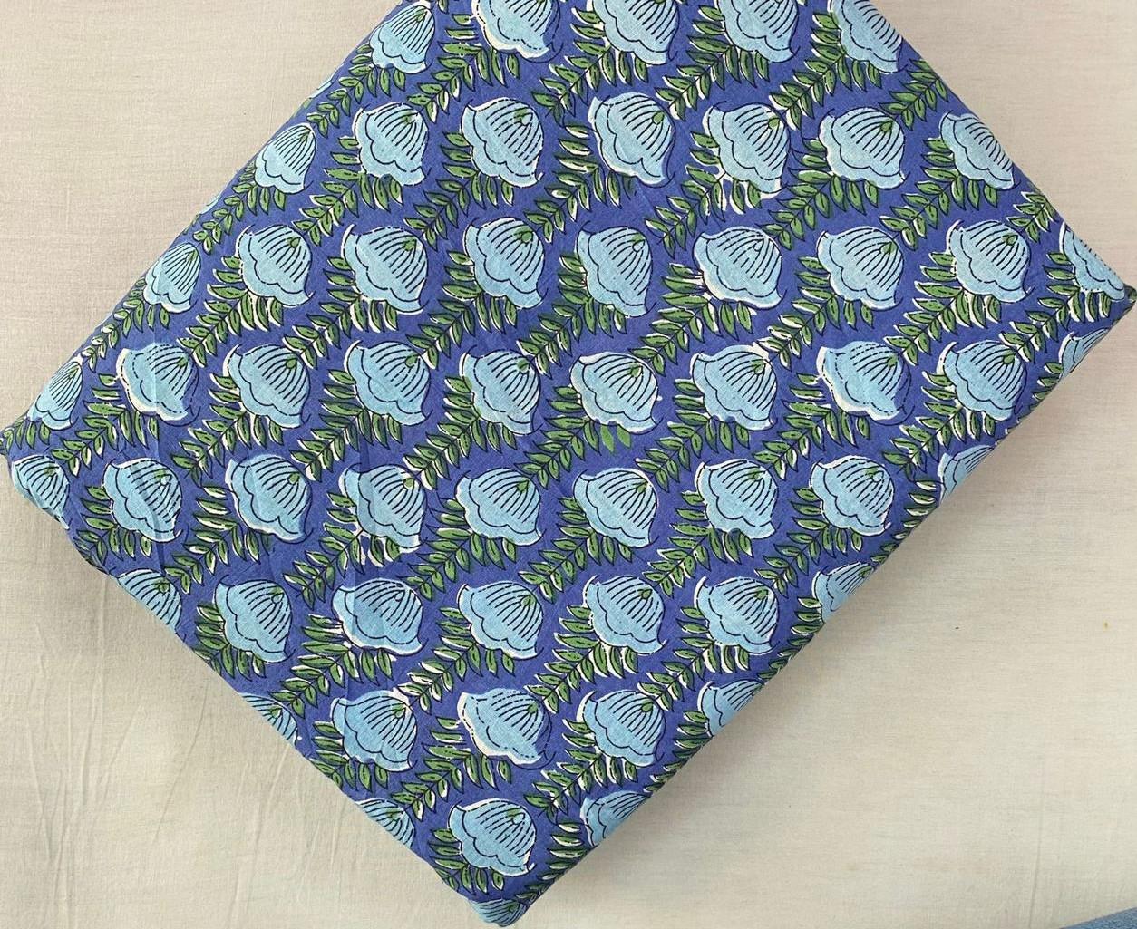 Blue Floral Cotton Fabric by Yard, Indian Block Print Buti Fabric, Hand Printed Cotton Material, Boho Dressmaking Quilting Craft Fabric