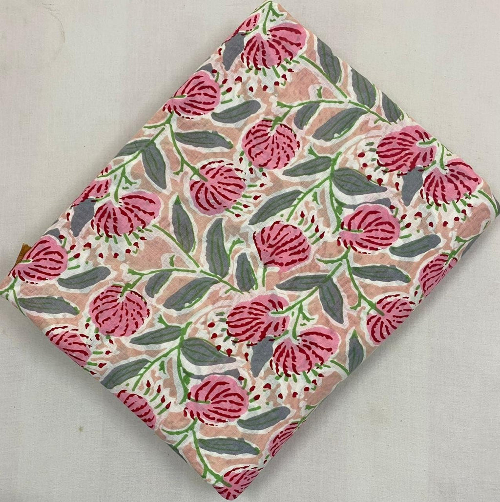 Pink Floral Cotton Fabric, Hand Block Print Fabric, Indian Cotton Fabric by Yard, Flower Print Fabric, Quilting Fabric, Soft Cotton Textile
