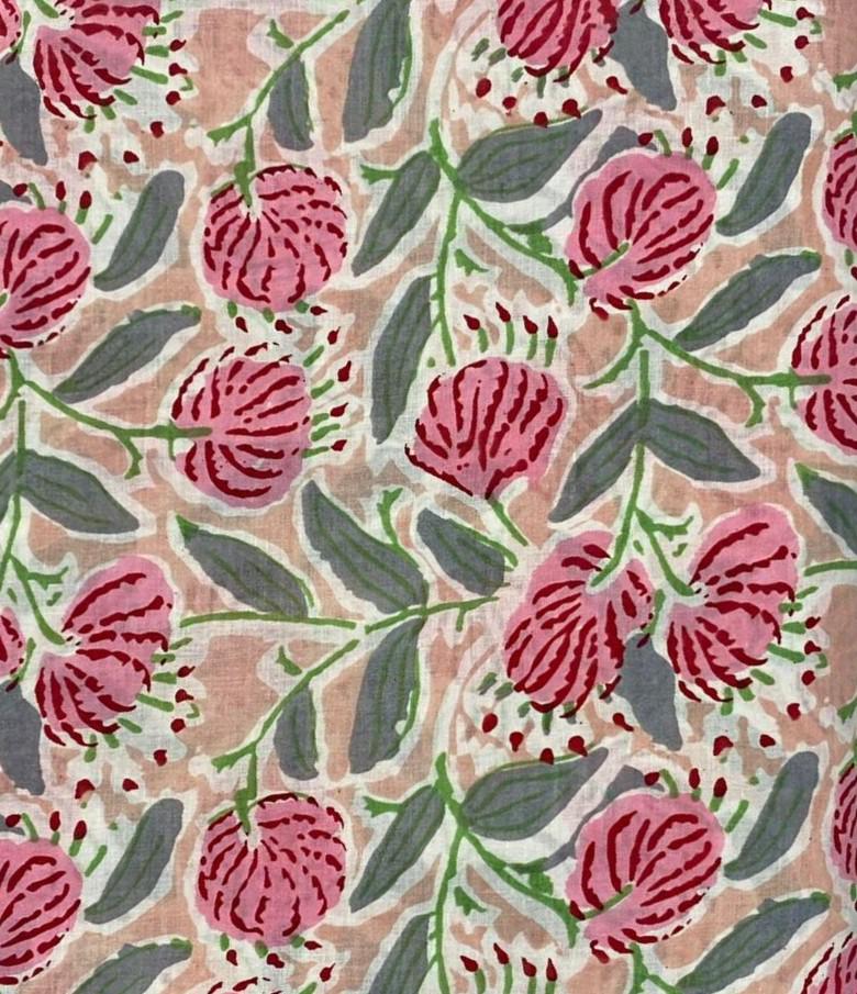 Pink Floral Cotton Fabric, Hand Block Print Fabric, Indian Cotton Fabric by Yard, Flower Print Fabric, Quilting Fabric, Soft Cotton Textile
