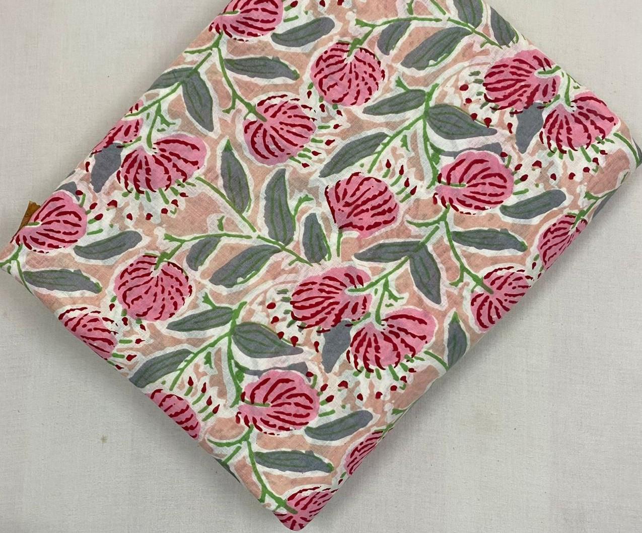 Pink Floral Cotton Fabric, Hand Block Print Fabric, Indian Cotton Fabric by Yard, Flower Print Fabric, Quilting Fabric, Soft Cotton Textile