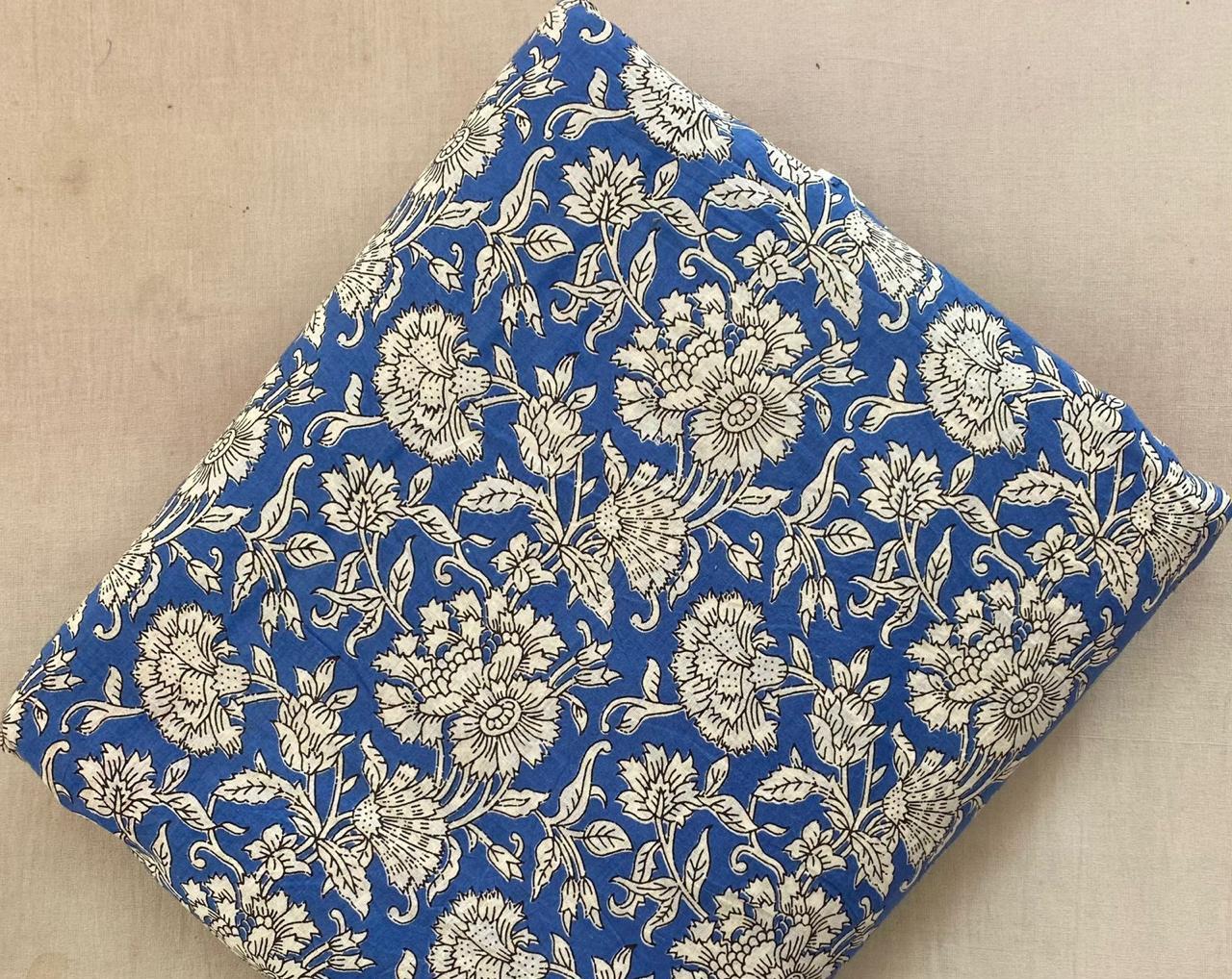 Blue Floral Cotton Fabric, Hand Block Print Fabric, Indian Cotton Fabric by Yard, Vintage Floral Fabric, Quilting Fabric, Cotton Textile