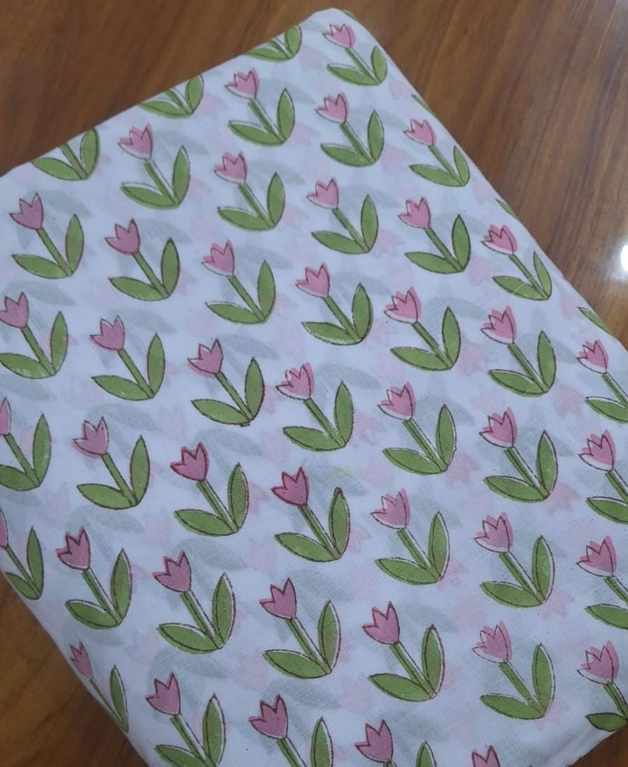 Pink Tulip Cotton Fabric, Floral Block Print Fabric, Indian Hand Block Print Cotton by Yard, Spring Flower Fabric, Dressmaking, Craft Fabric