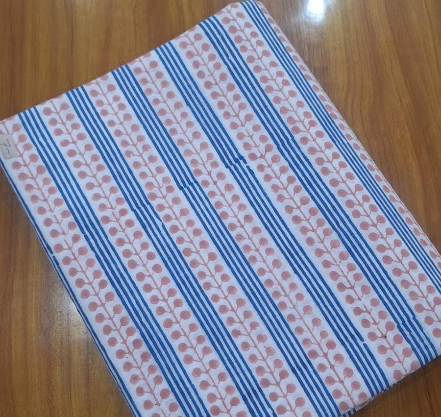 Pink Blue Stripe Cotton Fabric, Floral Stripe Block Print Fabric, Indian Hand Block Print Cotton Fabric by Yard, Boho Sewing Quilting Fabric