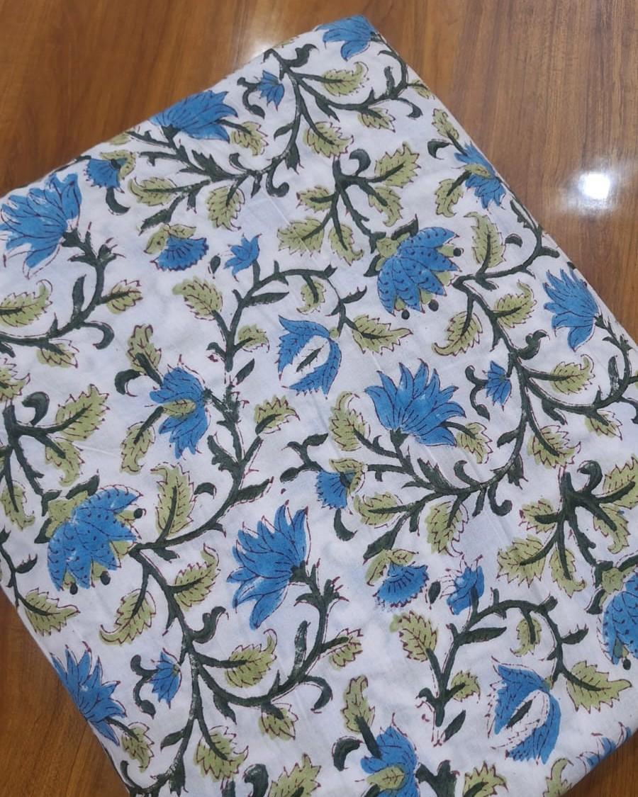 Blue Floral Cotton Fabric by the Yard, Hand Block Print Cotton Fabric, Indian Floral Fabric, Soft Cotton Dressmaking Fabric, Napkins Fabric