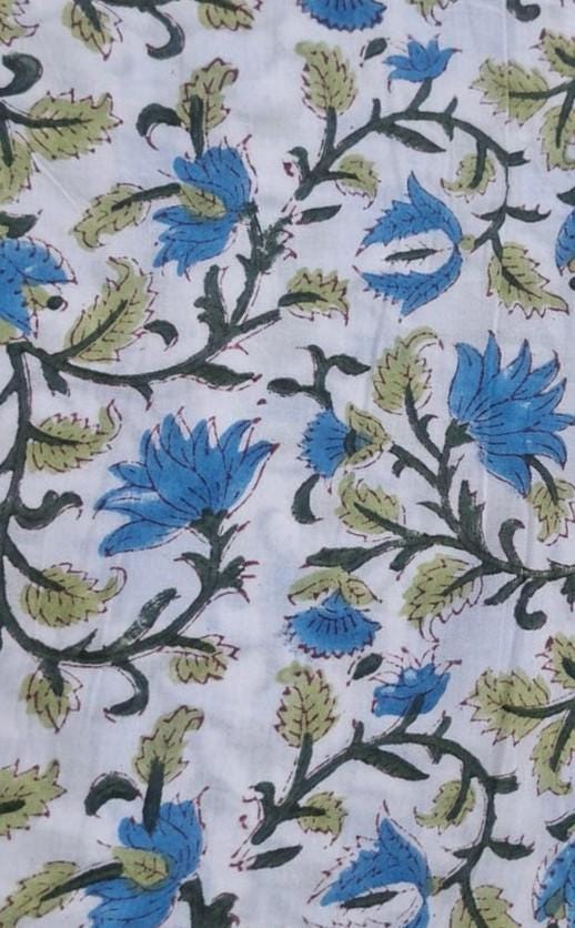 Blue Floral Cotton Fabric by the Yard, Hand Block Print Cotton Fabric, Indian Floral Fabric, Soft Cotton Dressmaking Fabric, Napkins Fabric