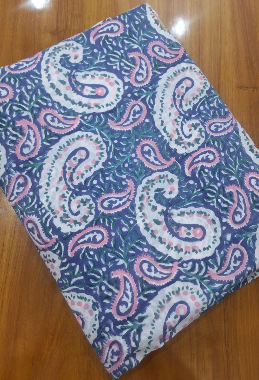 Blue Paisley Cotton Fabric, Indian Paisley Print Fabric by Yard, Boho Cotton Fabric, Block Print Style Fabric for Quilting, Dressmaking