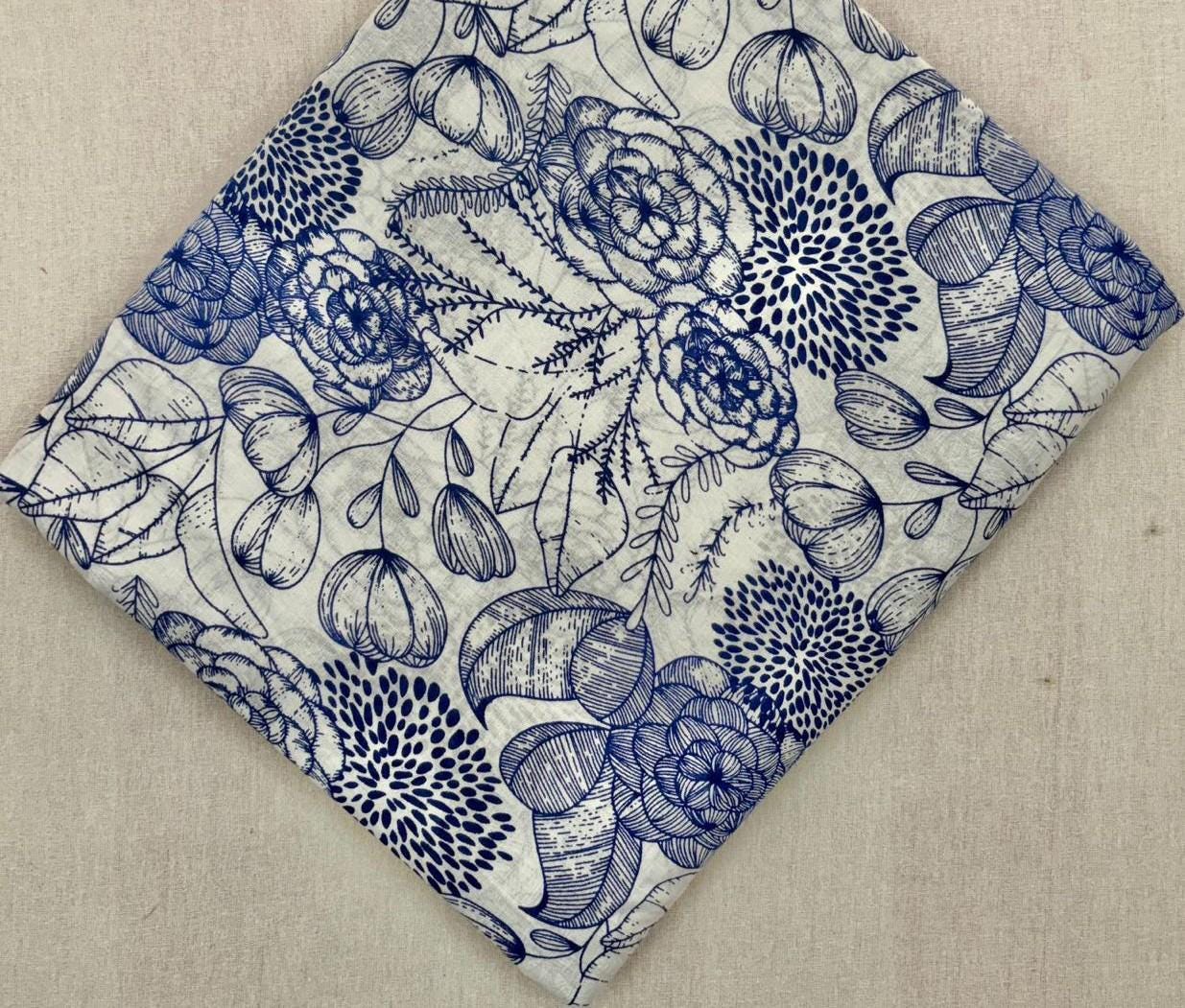 Blue and White Floral Cotton Fabric, Hand Block Print Indian Fabric, Vintage Style Cotton Yardage for Quilting, Dressmaking & Home Decor