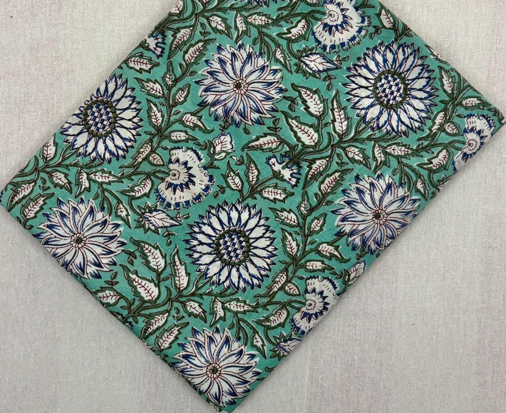 Green Floral Hand Block Print Cotton Fabric, Indian Botanical Flower Print Fabric by Yard, Soft Cotton for Dressmaking, Quilting Home Decor