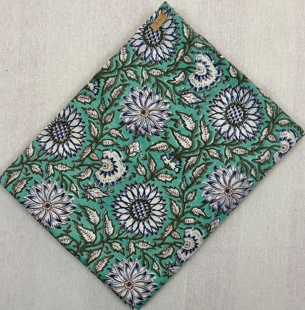 Green Floral Hand Block Print Cotton Fabric, Indian Botanical Flower Print Fabric by Yard, Soft Cotton for Dressmaking, Quilting Home Decor