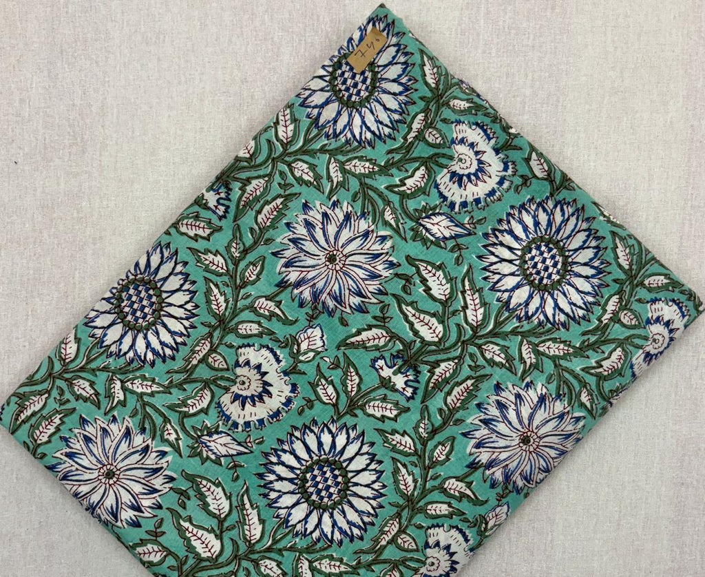 Green Floral Hand Block Print Cotton Fabric, Indian Botanical Flower Print Fabric by Yard, Soft Cotton for Dressmaking, Quilting Home Decor