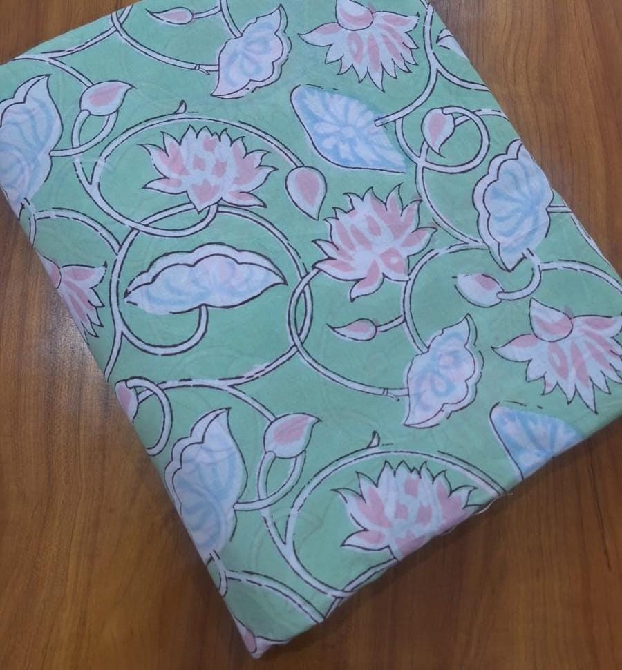 Green Cotton Fabric, Floral Block Print Fabric, Indian Hand Block Print Cotton Fabric by Yard, Boho Sewing Quilting Fabric, Napkin, Curtains