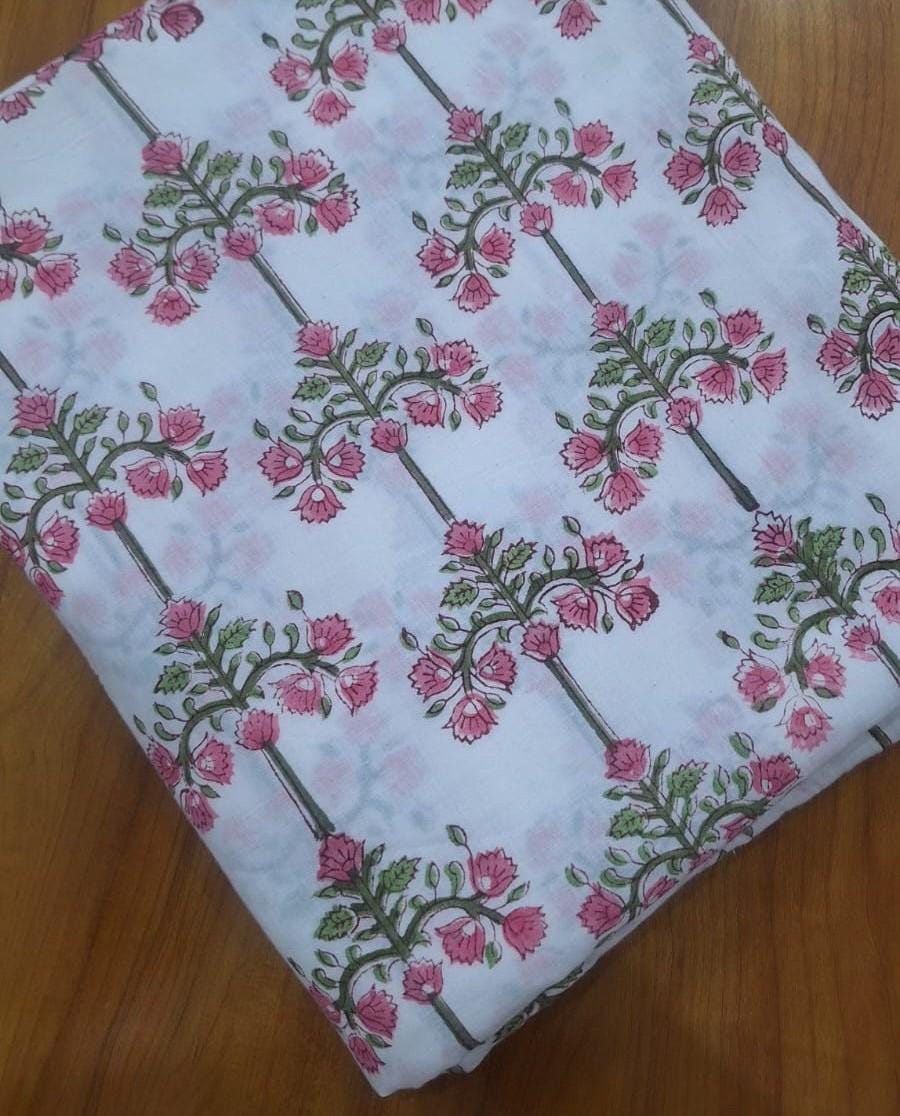 Pink Floral Cotton Fabric, Hand Block Print Fabric, Indian Floral Fabric by Yard, Soft Cotton Craft Fabric, Sewing Quilting Fabric, Napkins