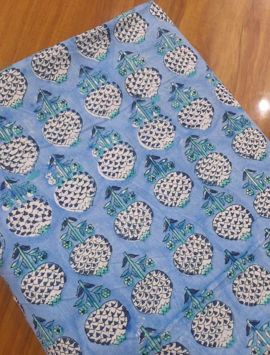 Blue Floral Cotton Fabric, Hand Block Print Fabric, Indian Cotton Fabric by Yard, Soft Quilting Fabric, Craft Sewing Fabric, Dressmaking