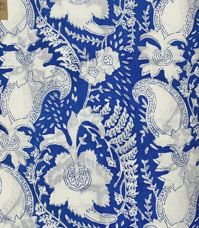 Blue White Floral Cotton Fabric, Hand Block Print Fabric by Yard, Indian Sanganeri Fabric, Soft Dressmaking Fabric, Quilting Craft Textile