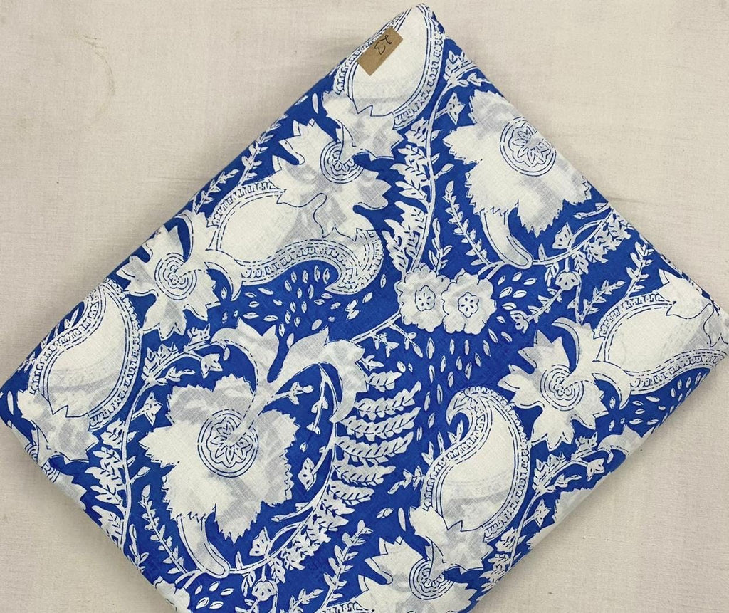 Blue White Floral Cotton Fabric, Hand Block Print Fabric by Yard, Indian Sanganeri Fabric, Soft Dressmaking Fabric, Quilting Craft Textile