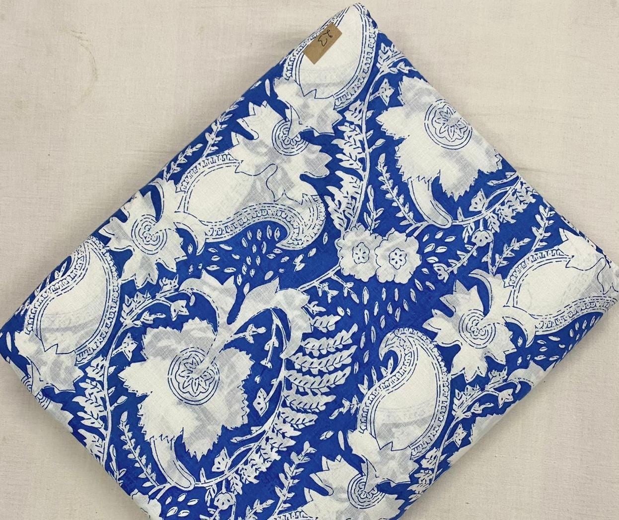 Blue White Floral Cotton Fabric, Hand Block Print Fabric by Yard, Indian Sanganeri Fabric, Soft Dressmaking Fabric, Quilting Craft Textile