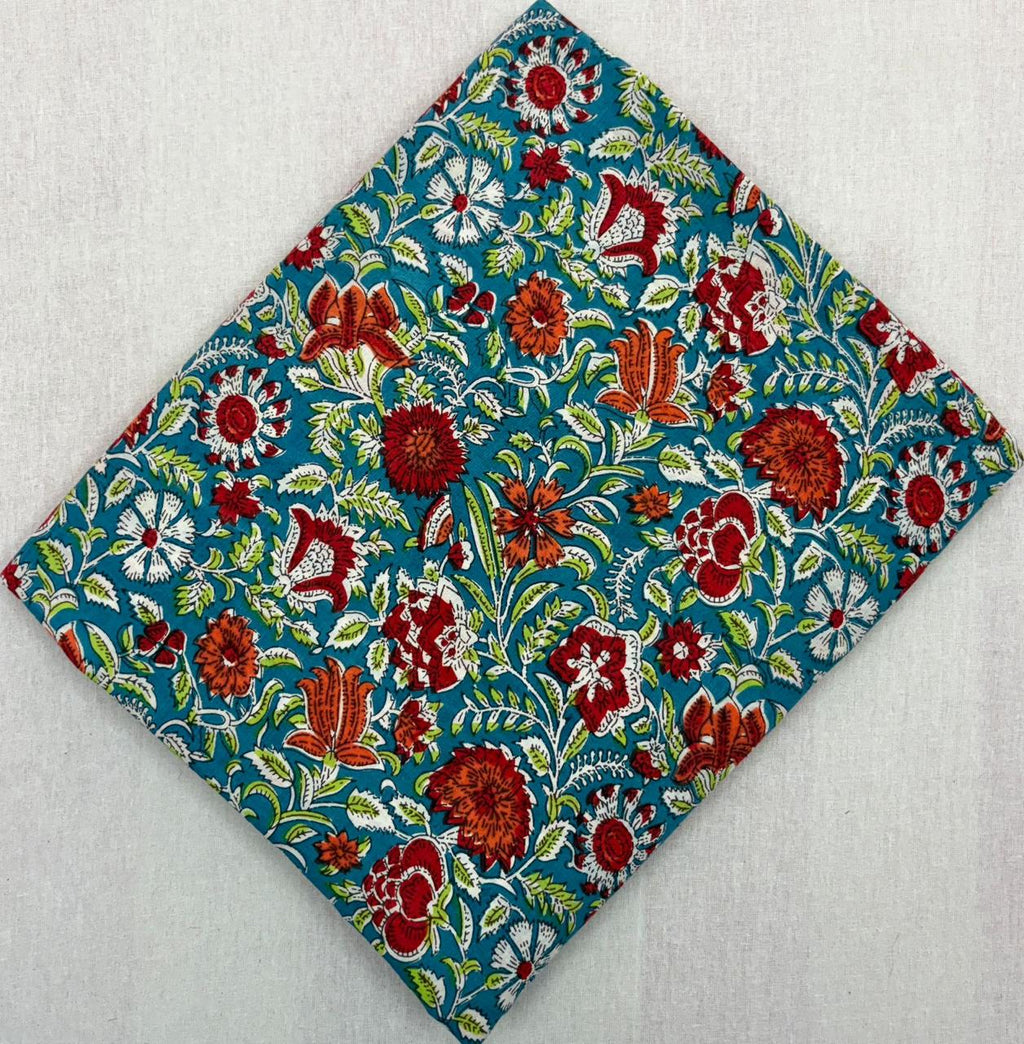 Teal Floral Cotton Fabric, Indian Hand Block Print Fabric by Yard, Red Orange Flower Sanganeri Fabric, Dressmaking Quilting Craft Textile