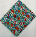 Teal Floral Cotton Fabric, Indian Hand Block Print Fabric by Yard, Red Orange Flower Sanganeri Fabric, Dressmaking Quilting Craft Textile