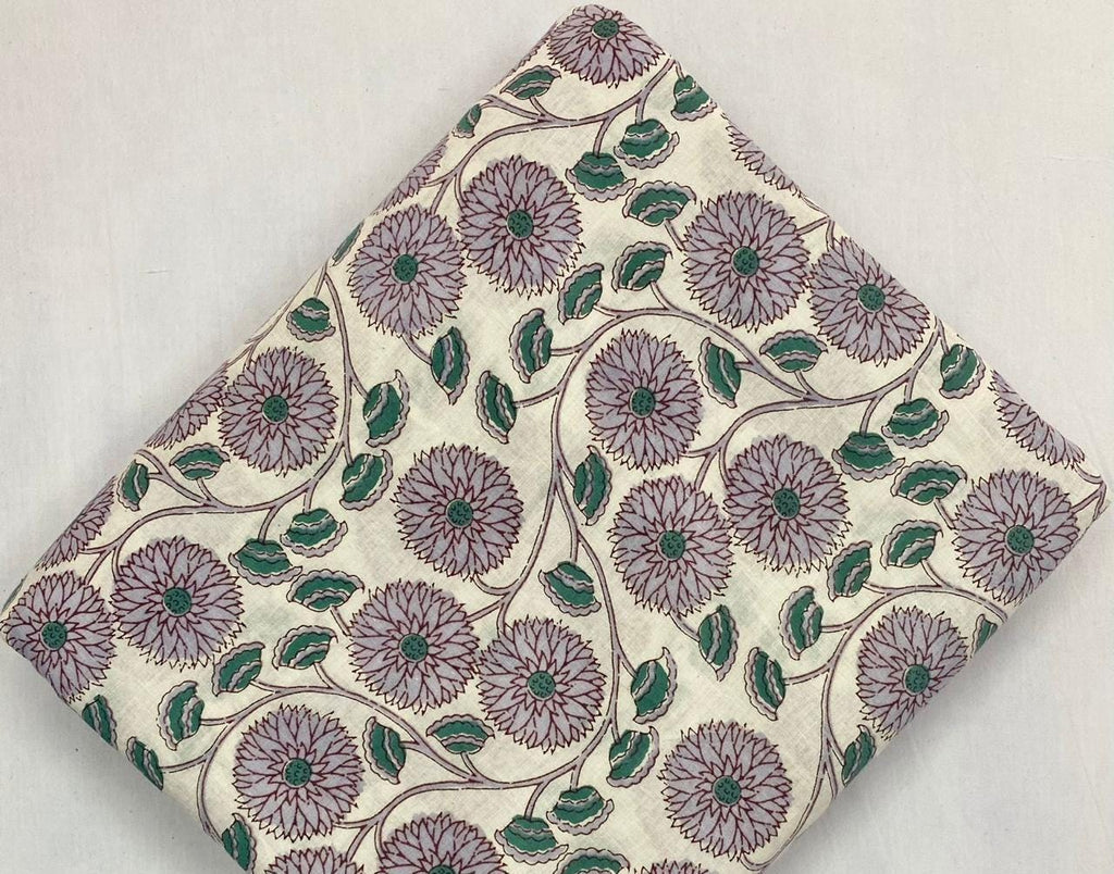 Cream Floral Cotton Fabric by Yard, Indian Hand Block Print Fabric, Green Leaf Sanganeri Cotton, Soft Dressmaking Quilting Craft Textile