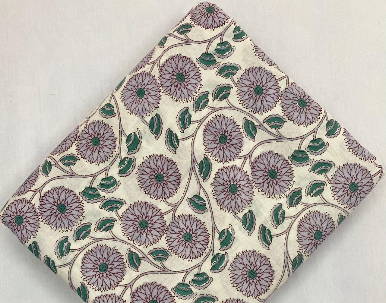 Cream Floral Cotton Fabric by Yard, Indian Hand Block Print Fabric, Green Leaf Sanganeri Cotton, Soft Dressmaking Quilting Craft Textile