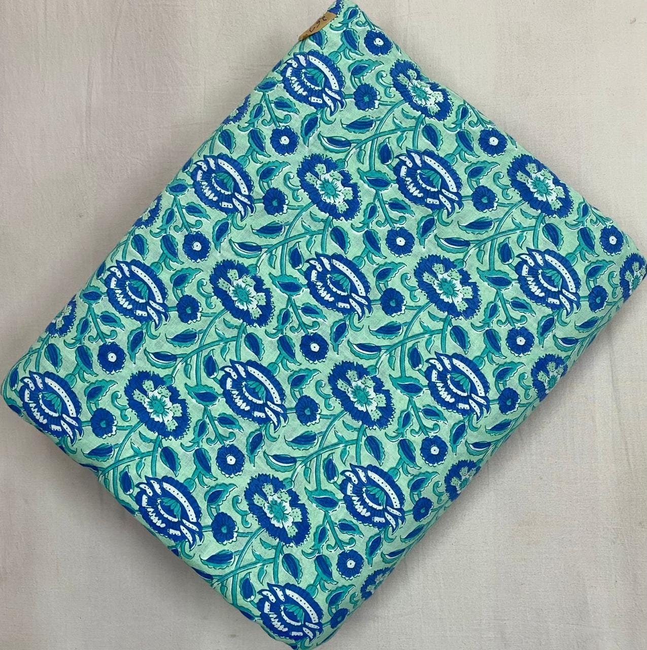 Mint Green Blue Floral Cotton Fabric by Yard, Indian Hand Block Print Fabric, Sanganeri Cotton Textile for Dressmaking Quilting Craft