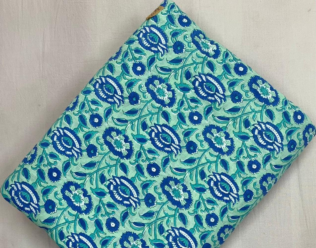 Mint Green Blue Floral Cotton Fabric by Yard, Indian Hand Block Print Fabric, Sanganeri Cotton Textile for Dressmaking Quilting Craft