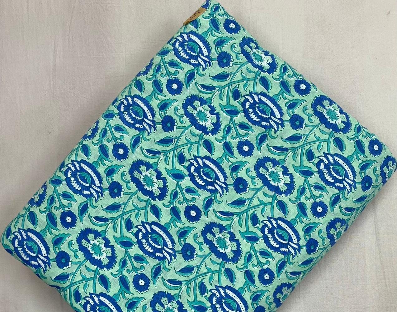 Mint Green Blue Floral Cotton Fabric by Yard, Indian Hand Block Print Fabric, Sanganeri Cotton Textile for Dressmaking Quilting Craft
