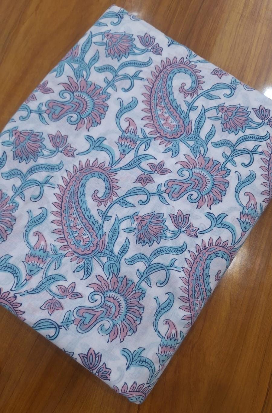 Paisley Floral Cotton Fabric, Hand Block Print Cotton Fabric, Indian Cotton Fabric by Yard, Pink Blue Boho Fabric, Quilting Sewing Fabric