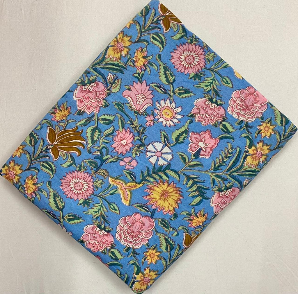 Blue Floral Cotton Fabric by Yard, Pink Yellow Flower Print Fabric, Block Print Cotton Fabric, Quilting Sewing Craft Dressmaking