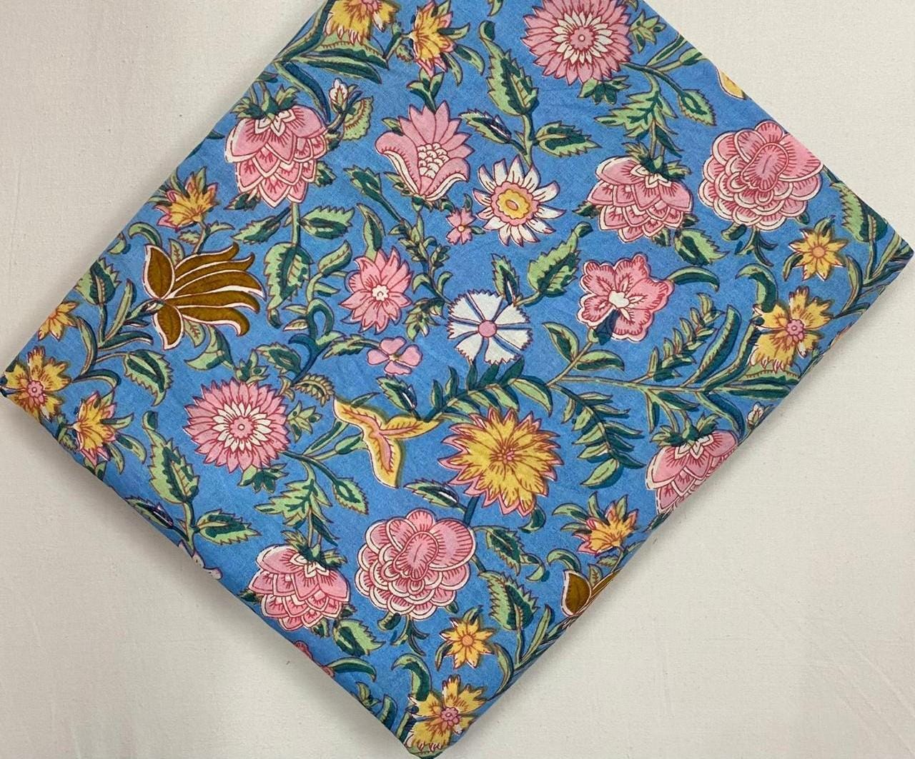 Blue Floral Cotton Fabric by Yard, Pink Yellow Flower Print Fabric, Block Print Cotton Fabric, Quilting Sewing Craft Dressmaking